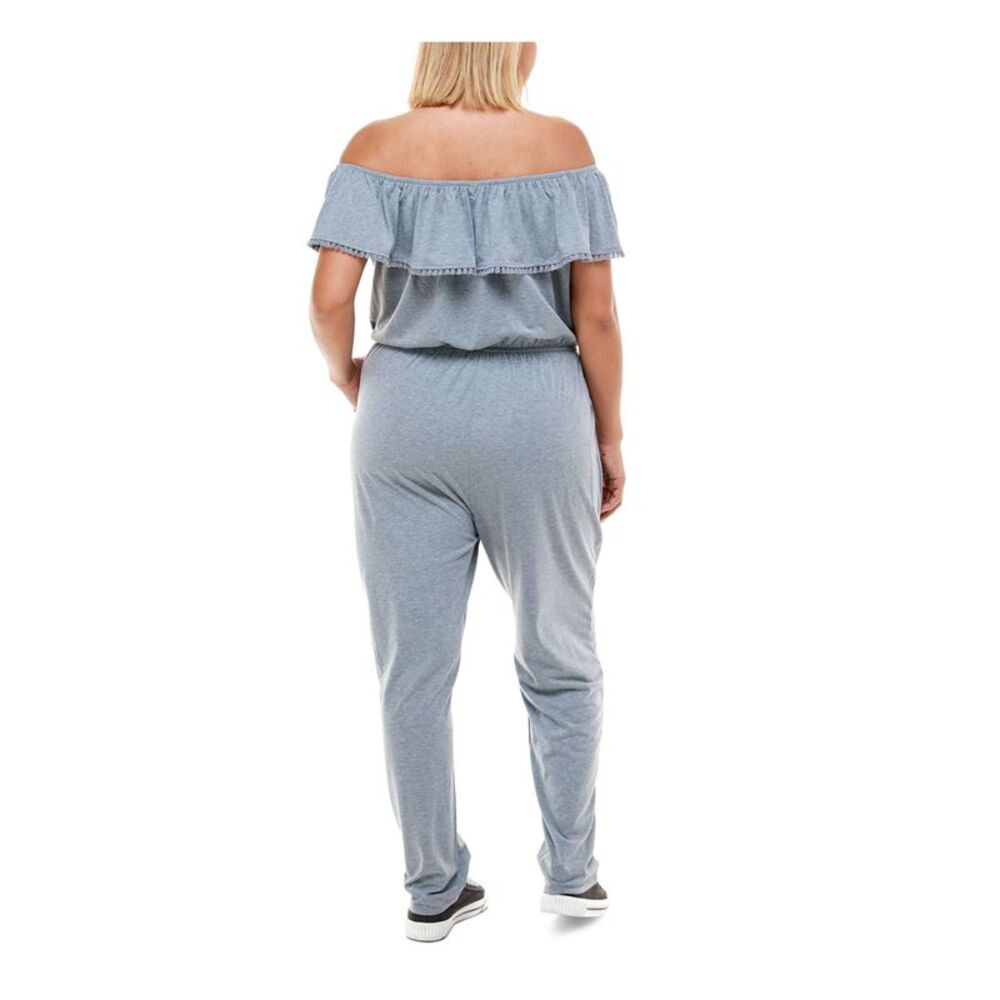 PLANET GOLD PLUS Womens Gray Tie  Crochet Trim Straight leg Jumpsuit Plus 1X - Picture 3 of 4